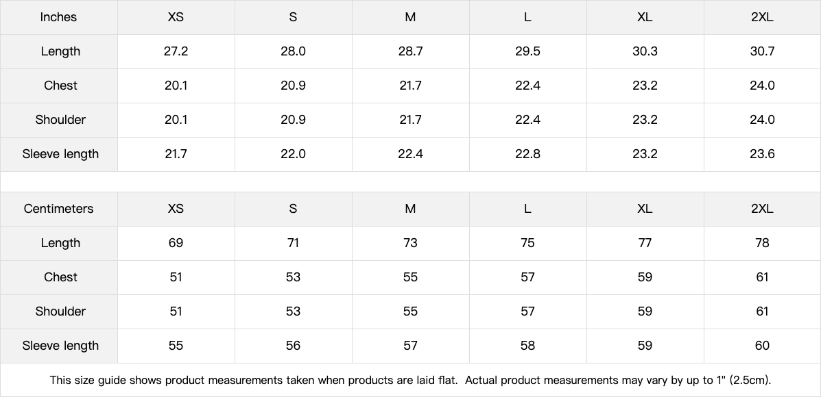 Night Gaze Long Sleeves size chart